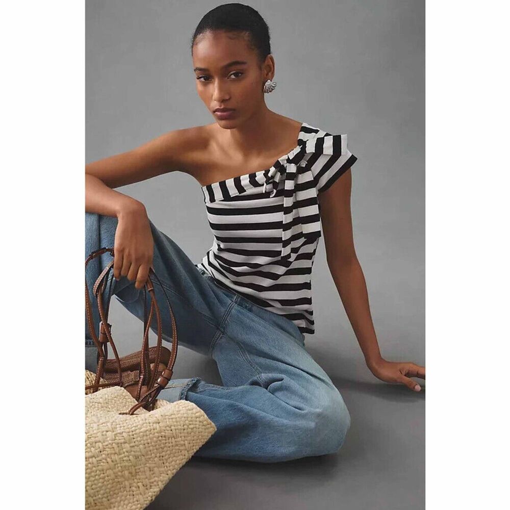 Anthropologie Mauve One Shoulder Stripe Bow Blouse Size Medium